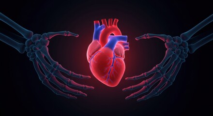 digital illustration of human heart held gently by skeletal hands against dark background