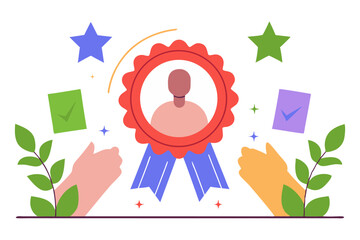 A colorful illustration depicting a large award ribbon with a person's silhouette, flanked by clapping hands, stars, and checkmark icons, symbolizing recognition and achievement.