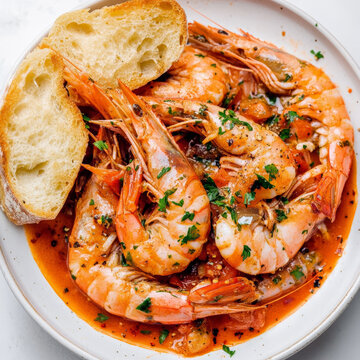 A plate of scampi alla busara, featuring large prawns or langoustines, saut&Atilde;&copy;ed with garlic, onions, white wine, tomatoes, chili flakes, and herbs, resulting in a flavorful and slightly spicy seafood