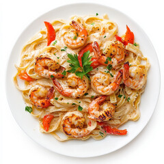 A plate of spicy Cajun shrimp pasta with fettuccine noodles, grilled shrimp, bell peppers, and a creamy, smoky Alfredo sauce, garnished with parsley. Isolated on clean white background
