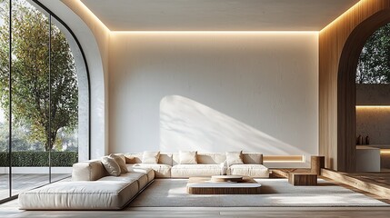 Sunlit living room with beige sectional sofa, low coffee table, and arched windows overlooking greenery