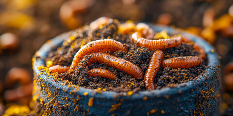 Worms thriving in rich, finished compost ready for gardening and organic cultivation
