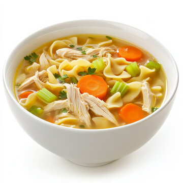 A steaming bowl of classic chicken noodle soup with tender shredded chicken, egg noodles, carrots, and celery in a flavorful golden broth. A comforting dish for any season. Isolated on clean white