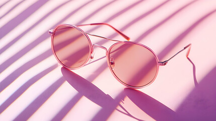 Stylish rose-tinted sunglasses casting shadows on a soft pink surface, dreamlike mood