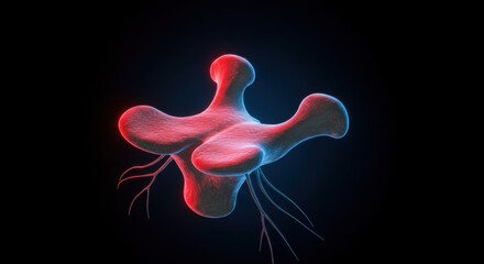 Futuristic depiction of a microscopic organism with glowing tentacle-like extensions and vibrant red accents in a dark background
