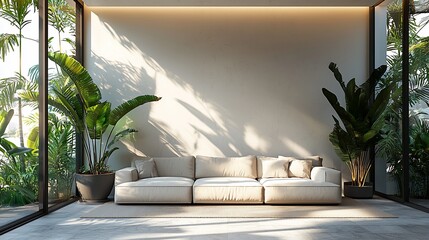 Sunlit living room with beige sofa, large potted plants, and floor-to-ceiling windows showcasing lush greenery