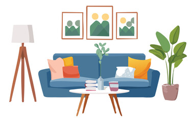 modern living room with blue couch and decor