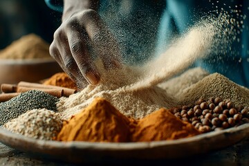 Spices and Herbs A Hand Sprinkling Seasonings Over a Variety of Culinary Ingredients