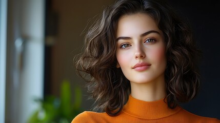 there is a close up of a woman wearing an orange turtle neck sweater