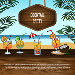 Cocktails party celebrate in summer time on bar. Beach scene party with bar ocean and tropical fruit cocktail drinks poster banner card invitation 