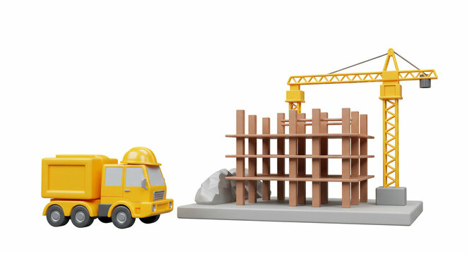 Cartoon construction site with crane and truck