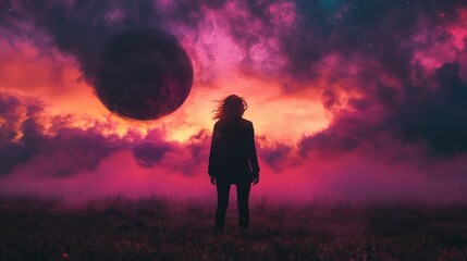 A person stands in awe under a vibrant sky filled with purple and pink clouds, gazing at a celestial body in the distance.