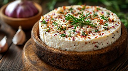 Round cheese topped with herbs and spices, presented in a wooden bowl on a rustic wooden surface