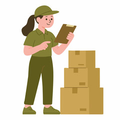 A delivery worker checks a clipboard while standing next to stacked boxes.