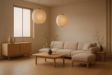 A serene minimalist interior design with japanese paper lanterns natural wooden furniture and decorative floral arrangements showcasing a calming home decor