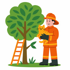 A firefighter rescues a cat from a tree, showcasing bravery and compassion.