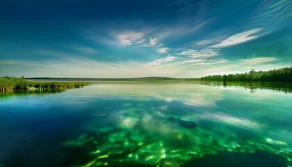 Obraz premium reflective water smooth reflective water shapes in soothing blues and greens evoking a serene atmosphere