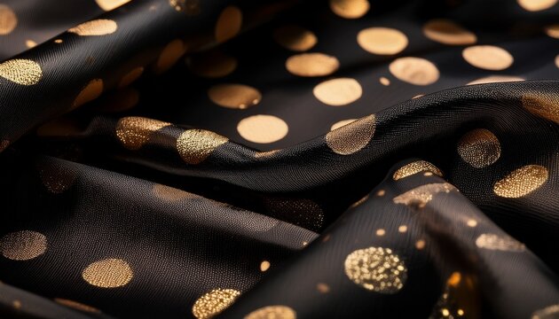 a close up of luxurious textured fabric featuring a pattern of golden dots on a rich black background showcasing elegance and sophistication