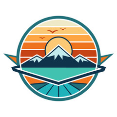 A stylized circular badge design depicting mountains, a lake, and a sunset or sunrise with birds, all rendered in a flat, geometric style with a retro color palette.
