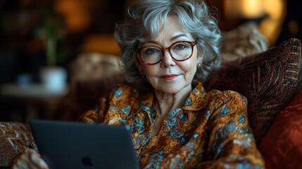Mature woman using tablet, indoor setting