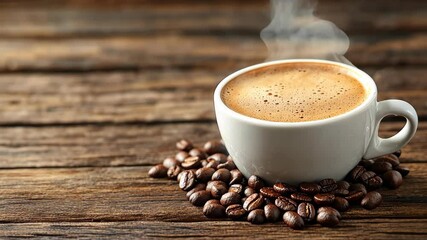 Aromatic Morning Ritual: A close-up shot of a steaming coffee cup on a rustic wooden surface, surrounded by coffee beans. The image is a warm and inviting representation of a comforting moment.