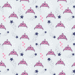 Little princess print. seamless pattern with pink crowns and stars. Cute girlish ornament for fashion textile, child clothes, wrapping paper