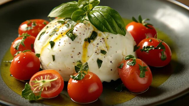 Burrata and Cherry Tomatoes: A tantalizing culinary composition featuring creamy burrata cheese nestled alongside a vibrant array of fresh, ripe cherry tomatoes, delicately drizzled with olive oil.
