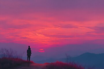 Obraz premium Parent and child watching sunset on mountain trail