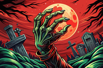 Horror Zombie arm out from ground of grave in a full moon night and red sky isolated