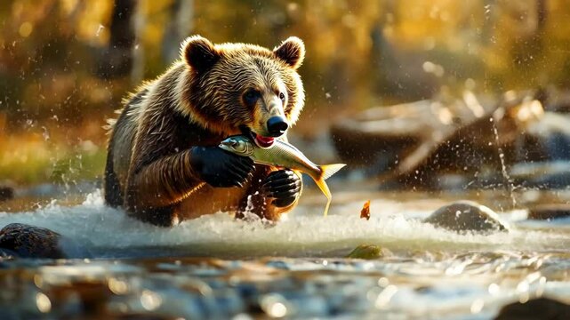 Grizzly Feast: A majestic brown bear, standing waist-deep in a clear, fast-flowing river, devours a freshly caught salmon, showcasing the power and tenacity of nature's top predator.