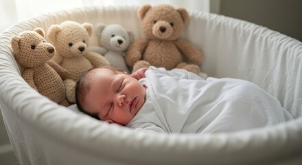 Sweet Baby Asleep in a Cozy Crib Surrounded by Adorable Crochet Teddy Bears in a Soft and Inviting Nursery Setting