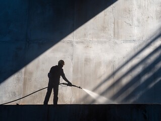 Worker Pressure Washing Concrete Wall