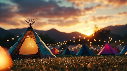 Serene Camping Under Sunset: A breathtaking shot captures the allure of a campsite at dusk, with illuminated tents, gentle sunlight.