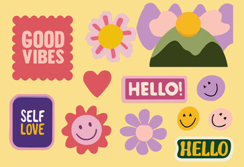 Vector illustration in retro sticker style, featuring bold outlines, pastel and bright colors, flowers, a heart, and positive text messages. Fun and colorful for modern or vintage designs.