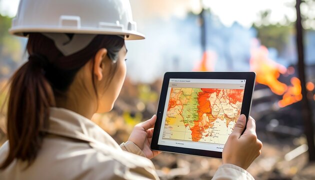 Japanese wildfire scientist anxiously analyzing heat map on tablet