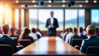 panel discussion blur a blurred background of a panel discussion in a conference hall with panelists and a moderator