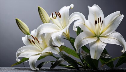 Obraz premium elegant white lilies with dew drops on a gentle gray background evoke a serene mourning atmosphere