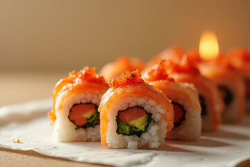Minimalist Spicy Tuna Roll Food Photography: Clean, High-Res, Ambient Candlelight