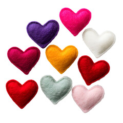 Colorful felt hearts in varying shades arranged against a dark backdrop, symbolizing affection and warmth.