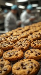 Rows of freshly baked chocolate chip cookies on a cooling rack, with blurred bakers in the background