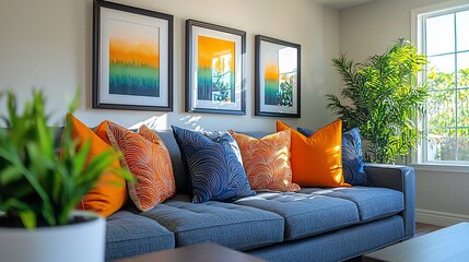Sunlit living room with gray sofa, orange and blue patterned pillows, and framed art