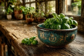Fresh Herbs in a Ceramic Bowl on Rustic Wooden Table Natural Light Indoor Gardening Kitchen