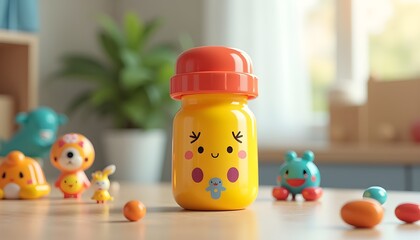 Obraz premium A yellow baby bottle with a cute face and a red cap sits on a wooden surface surrounded by colorful toy figures