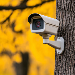 Security camera attached to a tree trunk monitors the environment against a blurred golden backdrop.