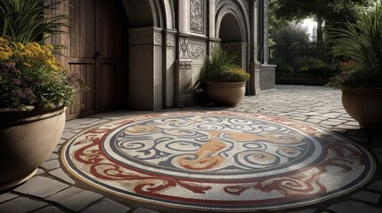 Intricate Courtyard Mosaic: A captivating mosaic in warm tones adorns the stone courtyard of an elegant building, creating a focal point amidst lush potted plants.