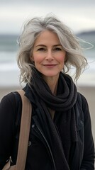 Mature woman with silver hair, beach setting