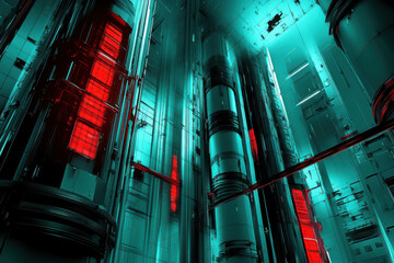 Obraz premium Futuristic industrial interior showing power generating pipes and red lights