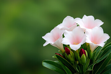 Obraz premium Delicate white flowers with pink accents bloom beautifully against a soft green background nature.