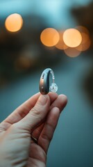 Gray Hearing Aid in Hand with Bokeh Background