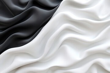 Obraz premium Abstract background of flowing black and white satin fabric creating a dynamic and fluid design.